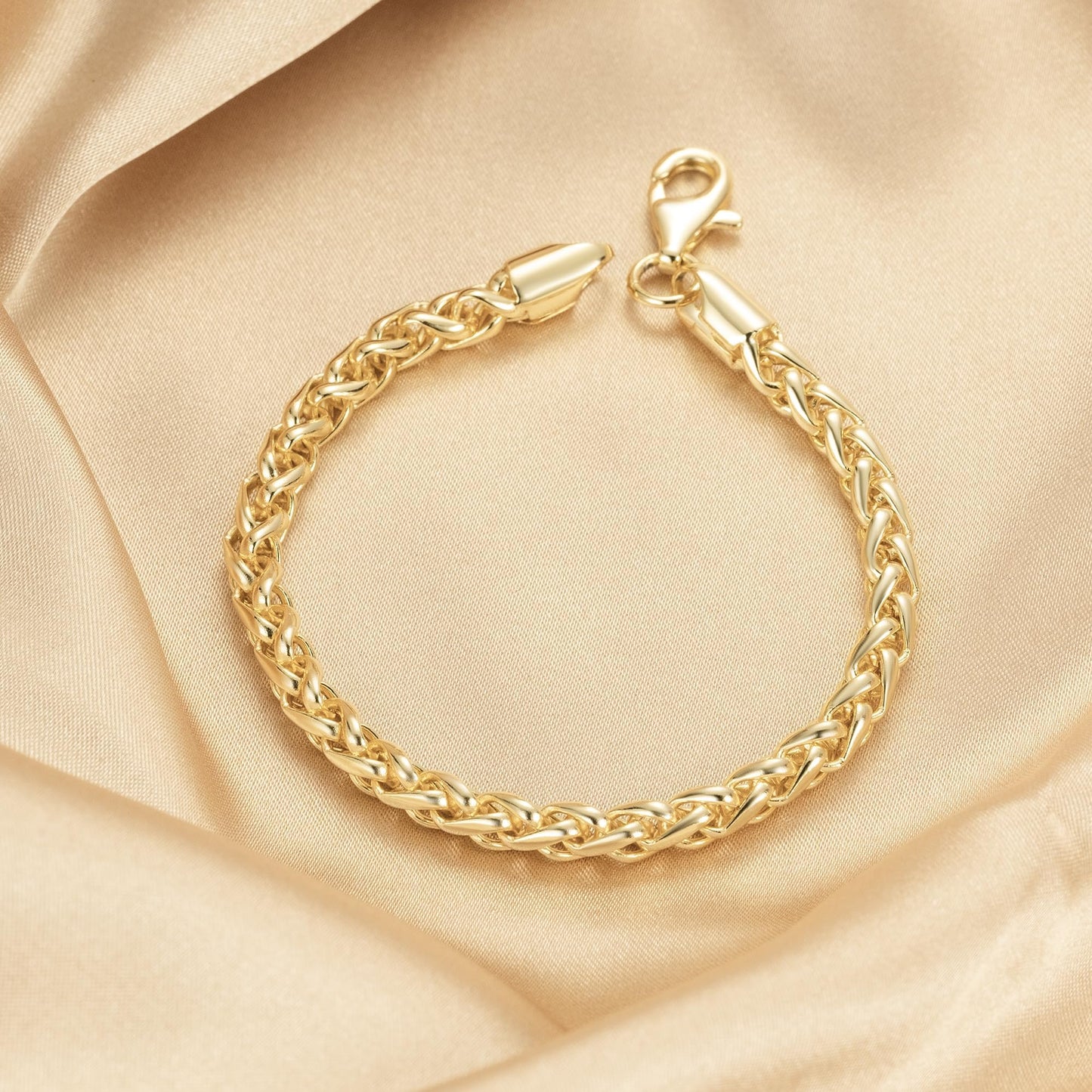 14K Gold Wheat Chain Bracelet for Women Stackable Gold Jewelry Gifts Available in Sizes 6.5-9 Inches (7.00, Inches)